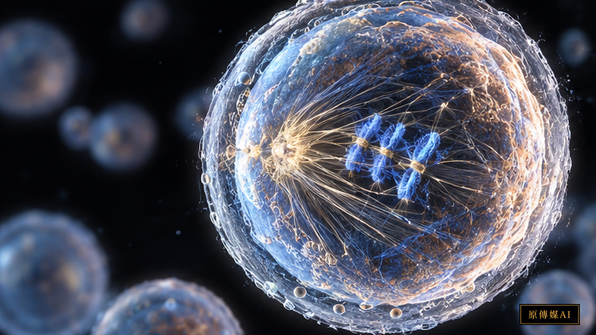 Dark-field biomedical conceptual visual showing delicate spindle fibers and chromosome arrangement inside a mammalian oocyte without text or logos.