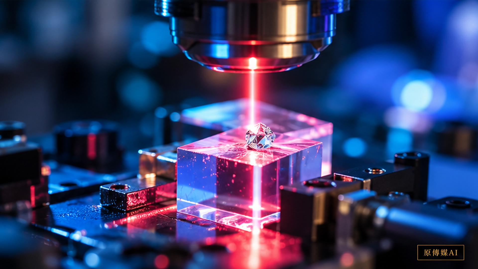 A laboratory laser beam focusing on a nanoscale diamond sample inside a high-vacuum chamber surrounded by precision mirrors and spectrometers, with no words or logos.