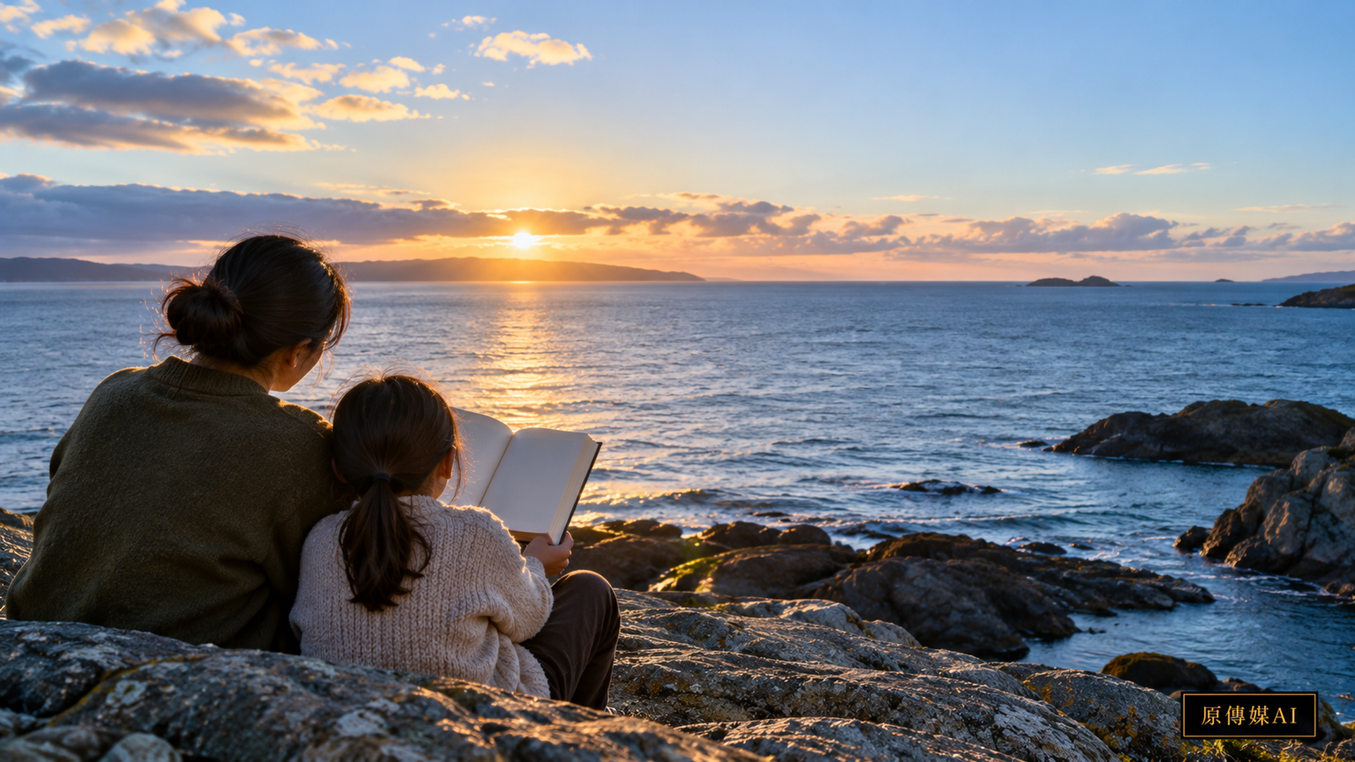 AI-generated conceptual image of parent and child reading by the sea, not reproducing book illustrations.