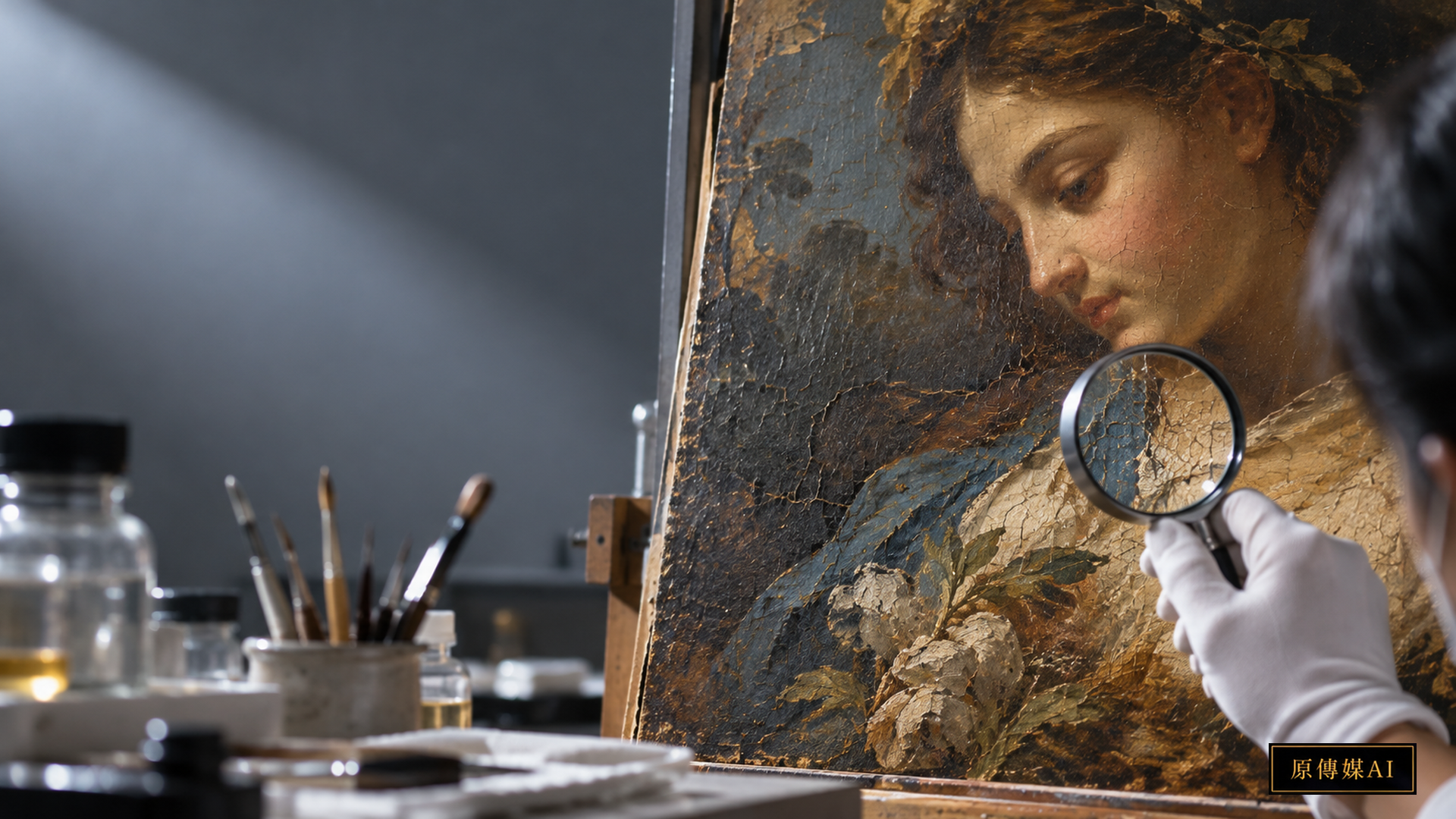 AI-generated concept image of conservation examination, not a specific authentic painting.