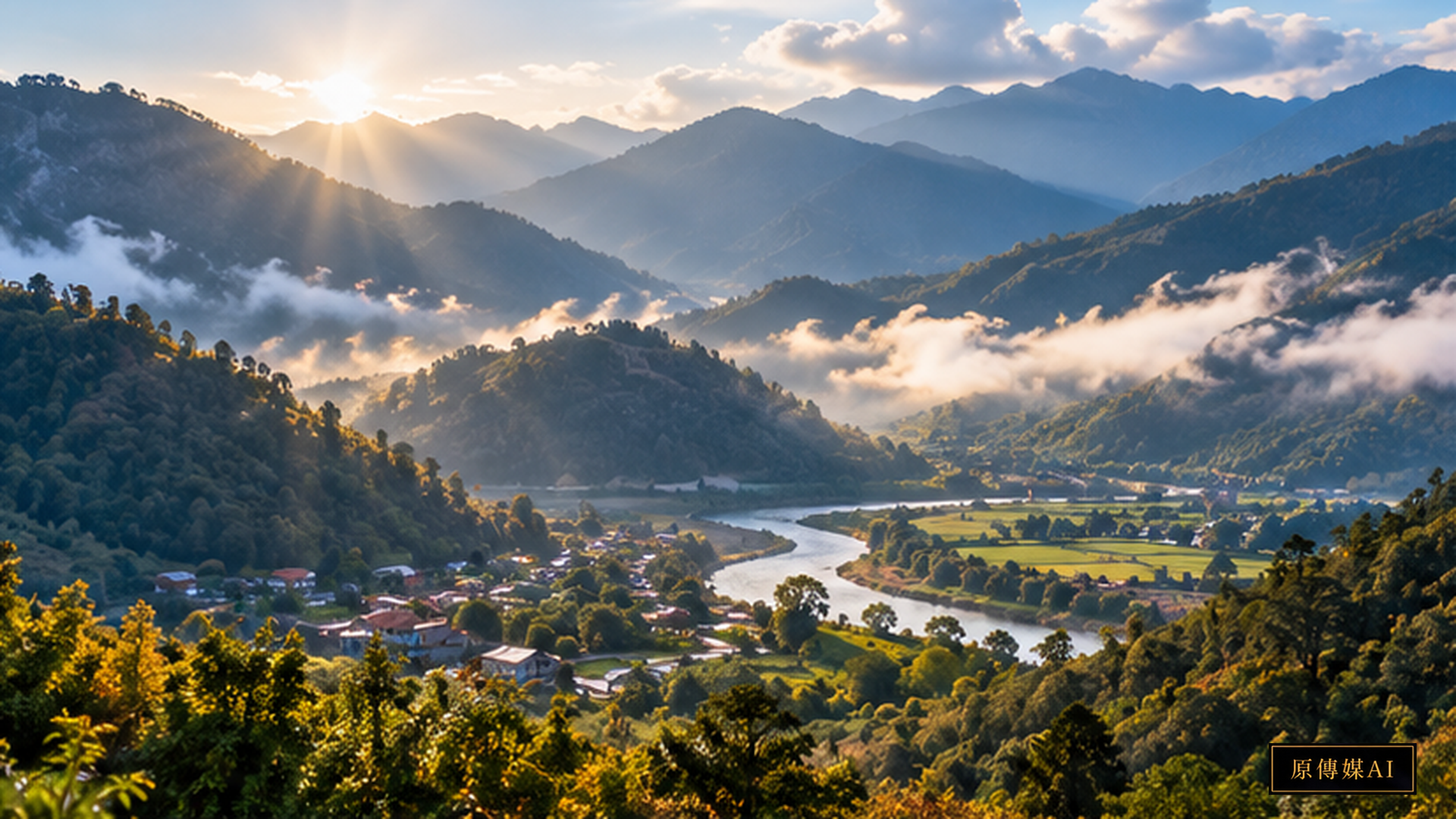 Concept image of a mountain settlement and river, not a photograph of a specific Australian community.