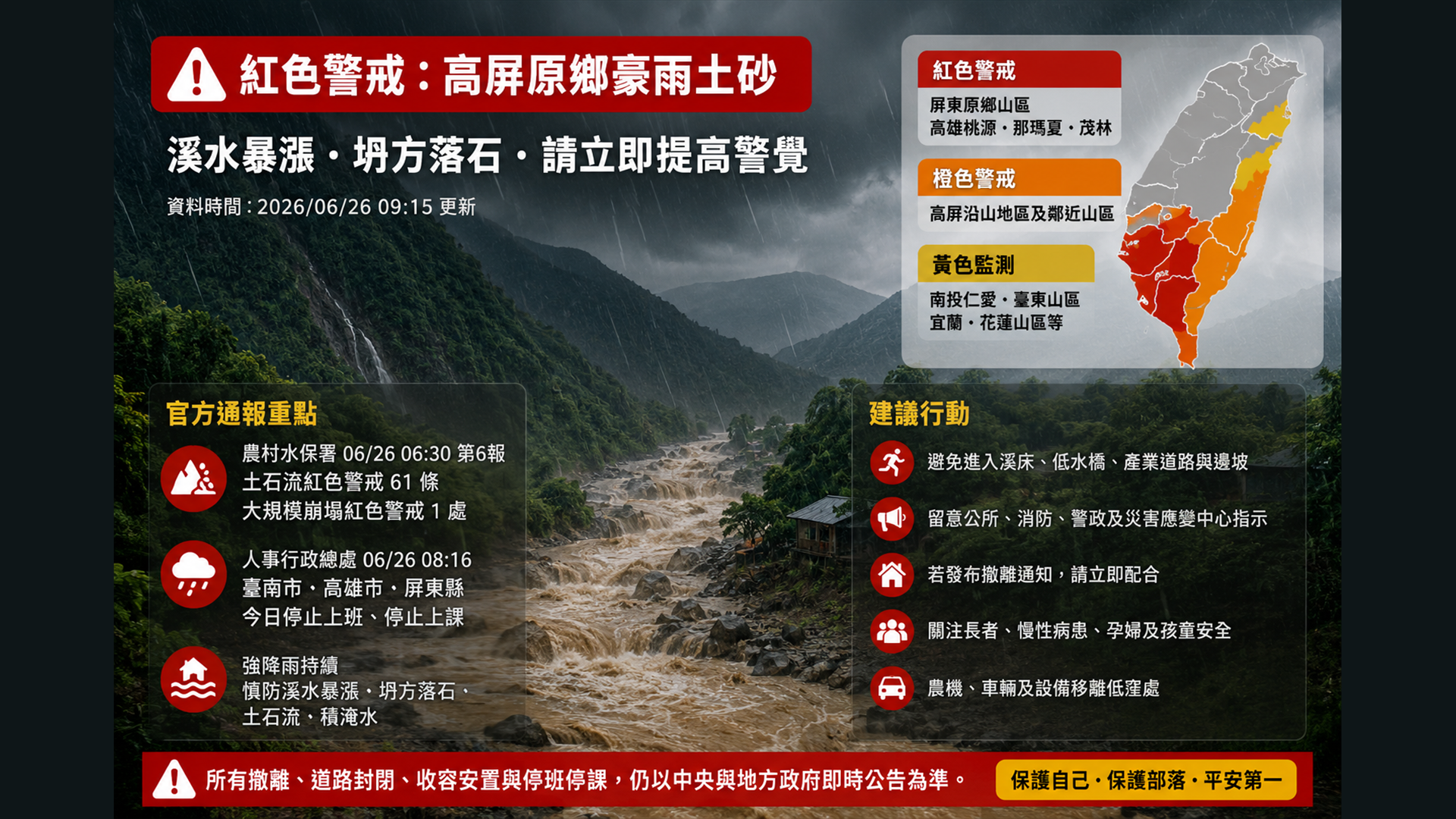 原鄉豪雨土砂警戒資訊圖，提醒屏東原鄉山區、高雄山區溪水暴漲、坍方落石與撤離建議